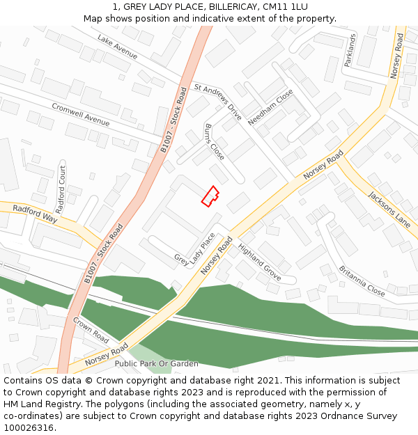 1, GREY LADY PLACE, BILLERICAY, CM11 1LU: Location map and indicative extent of plot