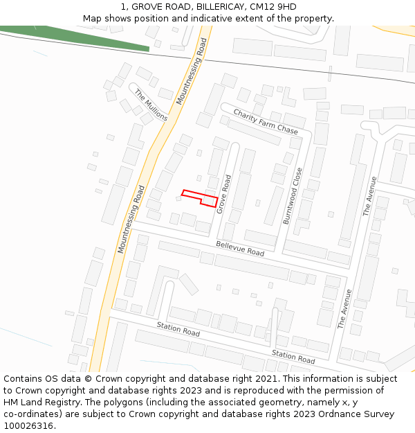 1, GROVE ROAD, BILLERICAY, CM12 9HD: Location map and indicative extent of plot