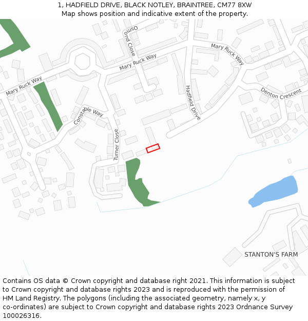 1, HADFIELD DRIVE, BLACK NOTLEY, BRAINTREE, CM77 8XW: Location map and indicative extent of plot