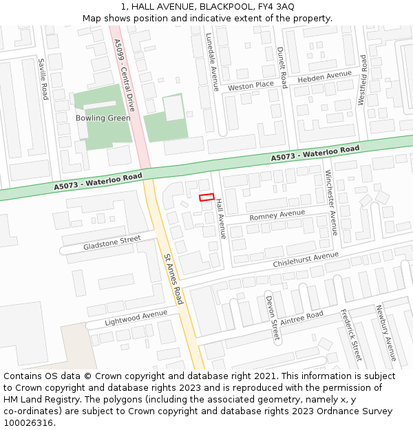 1, HALL AVENUE, BLACKPOOL, FY4 3AQ: Location map and indicative extent of plot