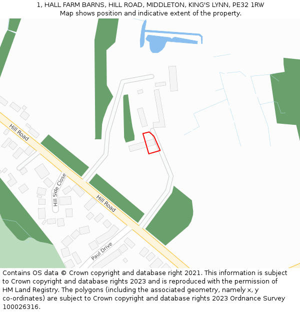 1, HALL FARM BARNS, HILL ROAD, MIDDLETON, KING'S LYNN, PE32 1RW: Location map and indicative extent of plot