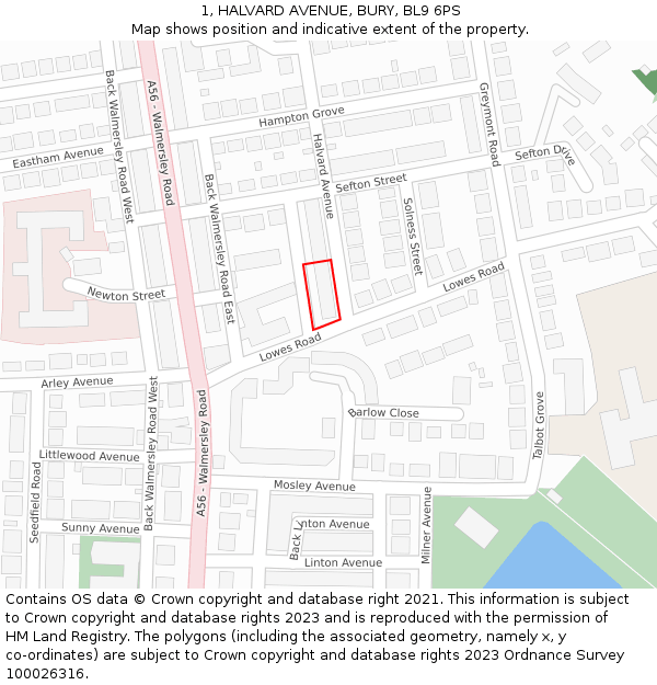 1, HALVARD AVENUE, BURY, BL9 6PS: Location map and indicative extent of plot