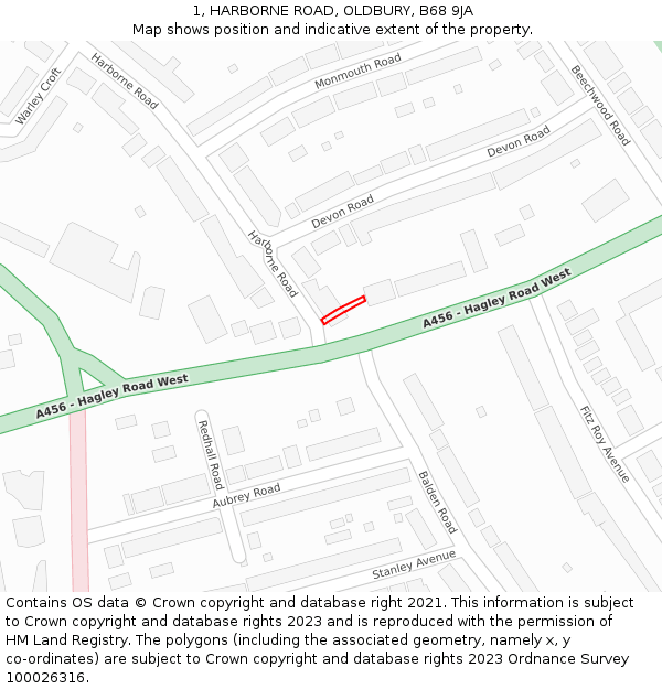 1, HARBORNE ROAD, OLDBURY, B68 9JA: Location map and indicative extent of plot