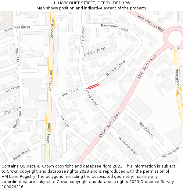 1, HARCOURT STREET, DERBY, DE1 1PW: Location map and indicative extent of plot