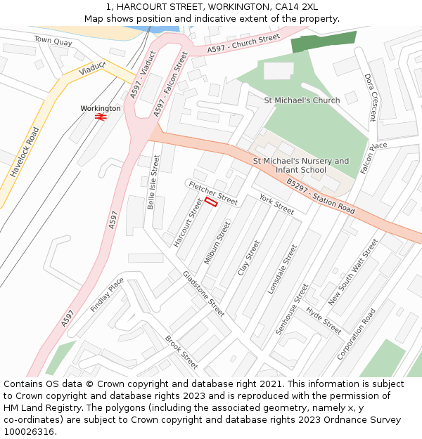 1, HARCOURT STREET, WORKINGTON, CA14 2XL: Location map and indicative extent of plot