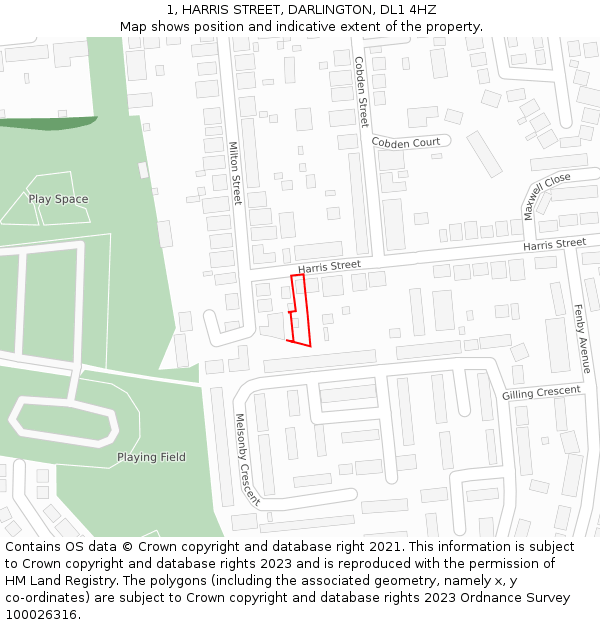 1, HARRIS STREET, DARLINGTON, DL1 4HZ: Location map and indicative extent of plot