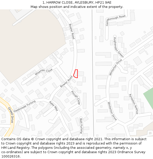 1, HARROW CLOSE, AYLESBURY, HP21 9AE: Location map and indicative extent of plot