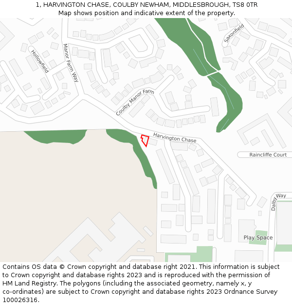 1, HARVINGTON CHASE, COULBY NEWHAM, MIDDLESBROUGH, TS8 0TR: Location map and indicative extent of plot