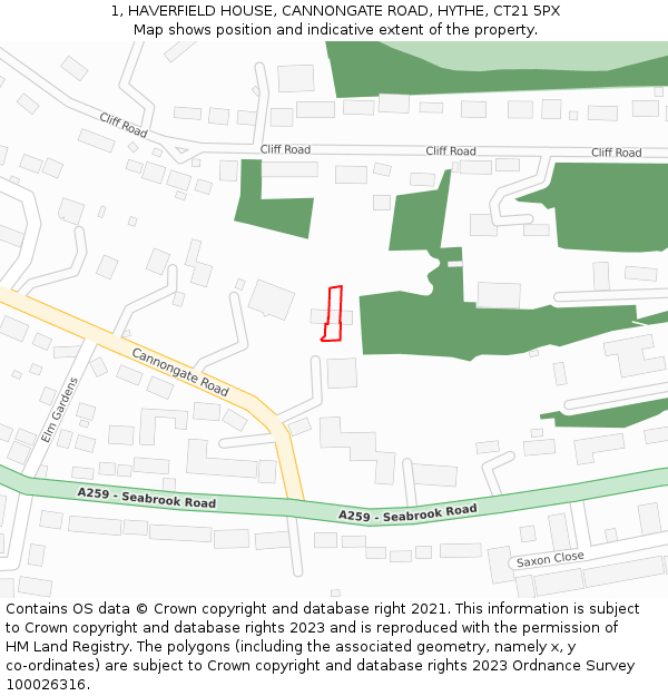 1, HAVERFIELD HOUSE, CANNONGATE ROAD, HYTHE, CT21 5PX: Location map and indicative extent of plot