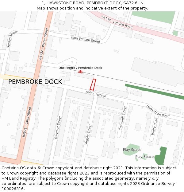 1, HAWKSTONE ROAD, PEMBROKE DOCK, SA72 6HN: Location map and indicative extent of plot