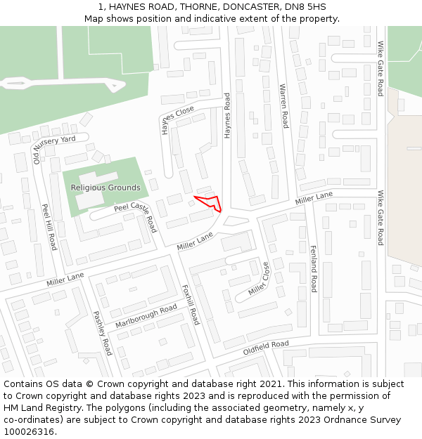 1, HAYNES ROAD, THORNE, DONCASTER, DN8 5HS: Location map and indicative extent of plot