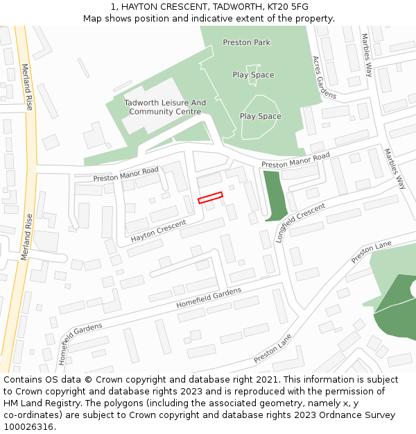 1, HAYTON CRESCENT, TADWORTH, KT20 5FG: Location map and indicative extent of plot