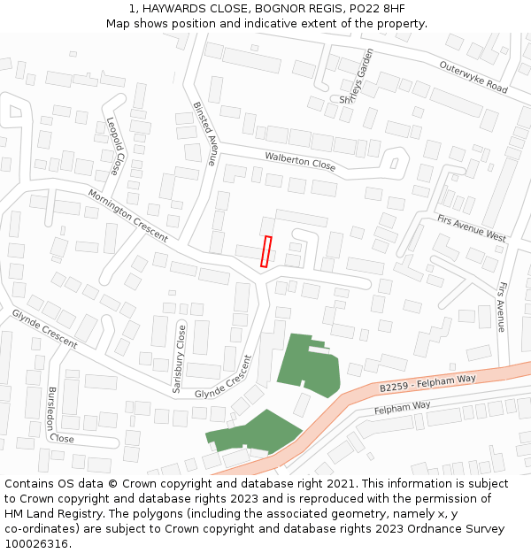 1, HAYWARDS CLOSE, BOGNOR REGIS, PO22 8HF: Location map and indicative extent of plot