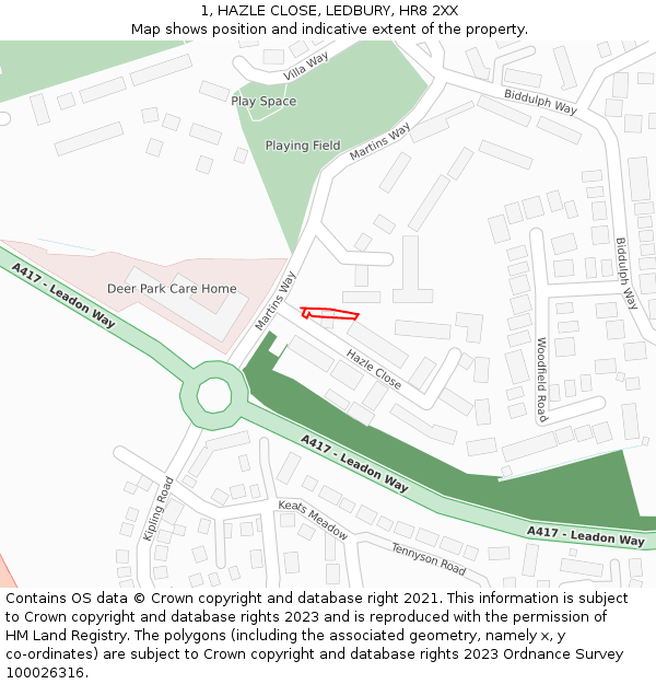 1, HAZLE CLOSE, LEDBURY, HR8 2XX: Location map and indicative extent of plot