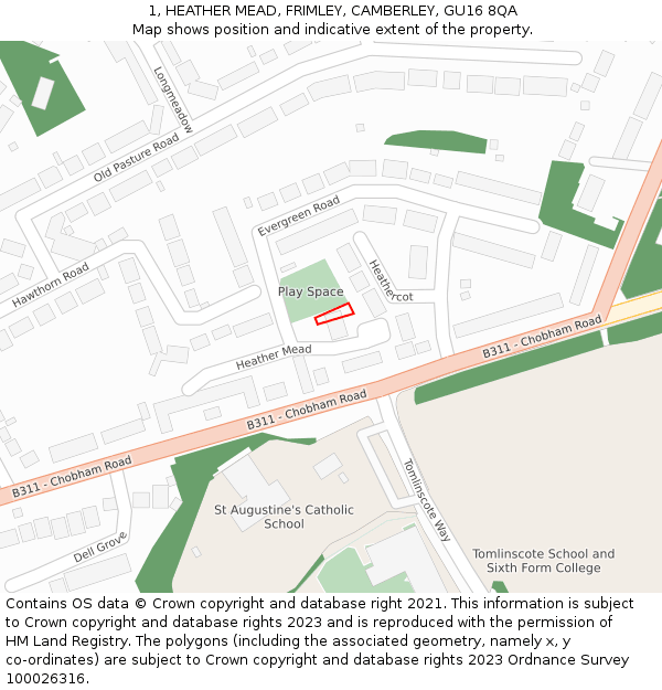 1, HEATHER MEAD, FRIMLEY, CAMBERLEY, GU16 8QA: Location map and indicative extent of plot