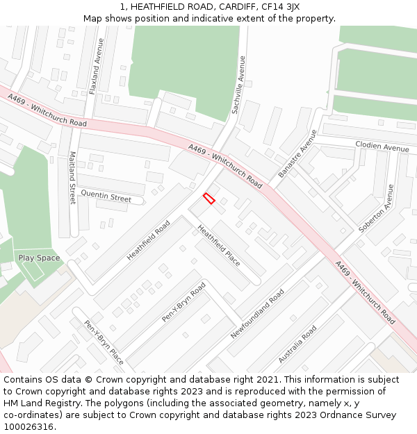 1, HEATHFIELD ROAD, CARDIFF, CF14 3JX: Location map and indicative extent of plot