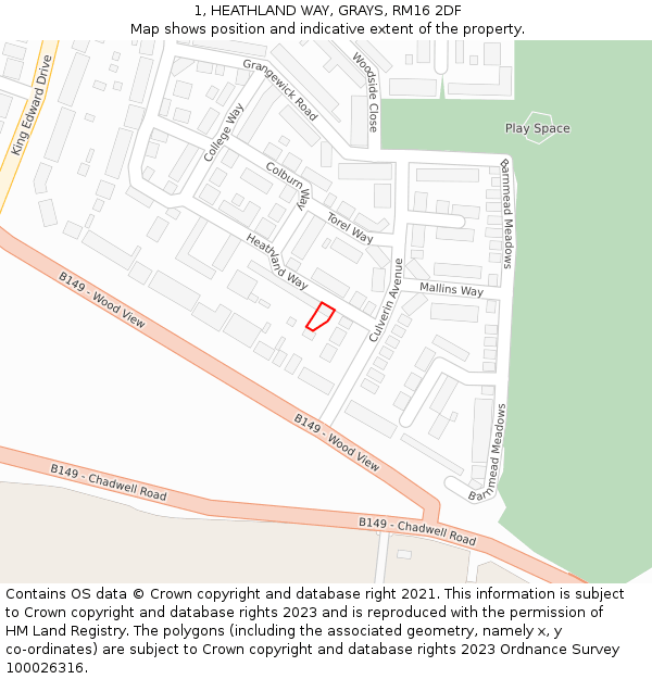 1, HEATHLAND WAY, GRAYS, RM16 2DF: Location map and indicative extent of plot
