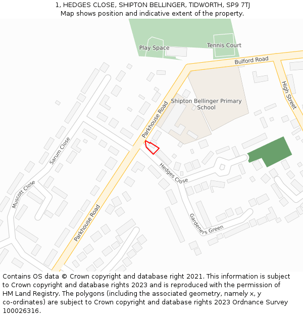1, HEDGES CLOSE, SHIPTON BELLINGER, TIDWORTH, SP9 7TJ: Location map and indicative extent of plot