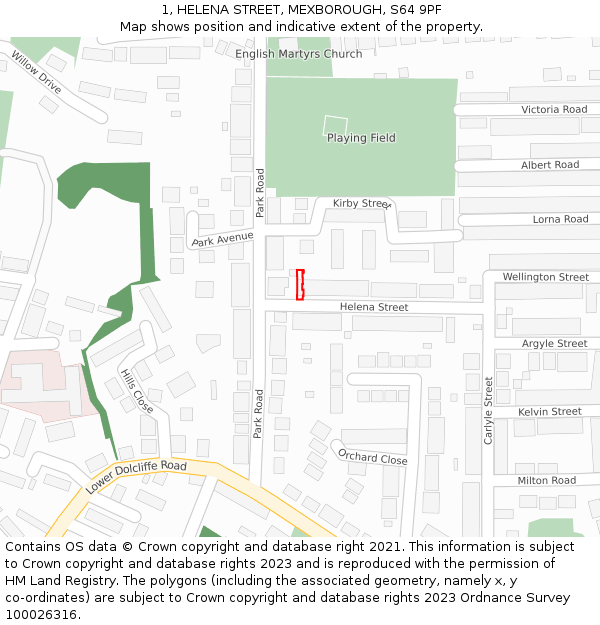 1, HELENA STREET, MEXBOROUGH, S64 9PF: Location map and indicative extent of plot