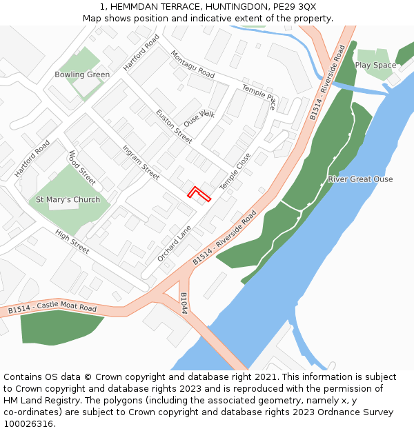 1, HEMMDAN TERRACE, HUNTINGDON, PE29 3QX: Location map and indicative extent of plot