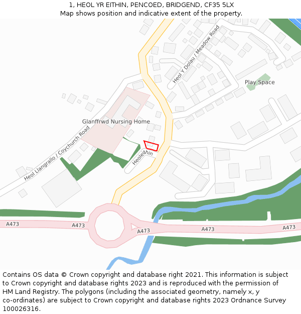 1, HEOL YR EITHIN, PENCOED, BRIDGEND, CF35 5LX: Location map and indicative extent of plot