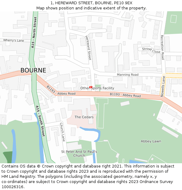 1, HEREWARD STREET, BOURNE, PE10 9EX: Location map and indicative extent of plot