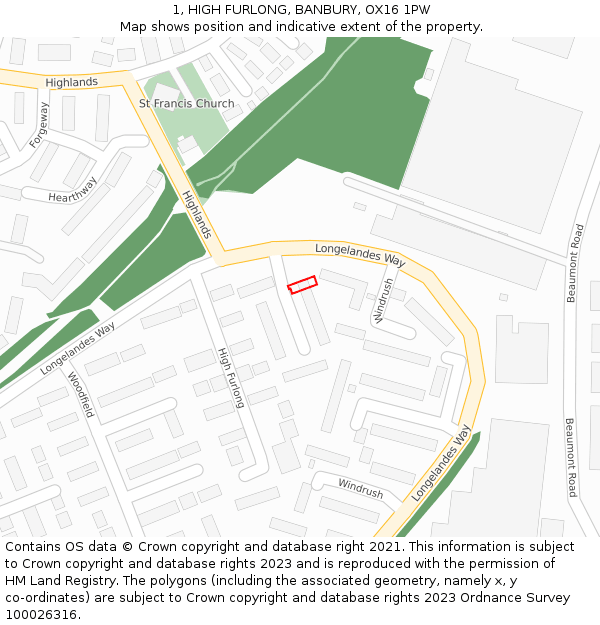 1, HIGH FURLONG, BANBURY, OX16 1PW: Location map and indicative extent of plot