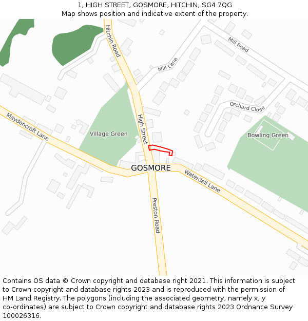 1, HIGH STREET, GOSMORE, HITCHIN, SG4 7QG: Location map and indicative extent of plot