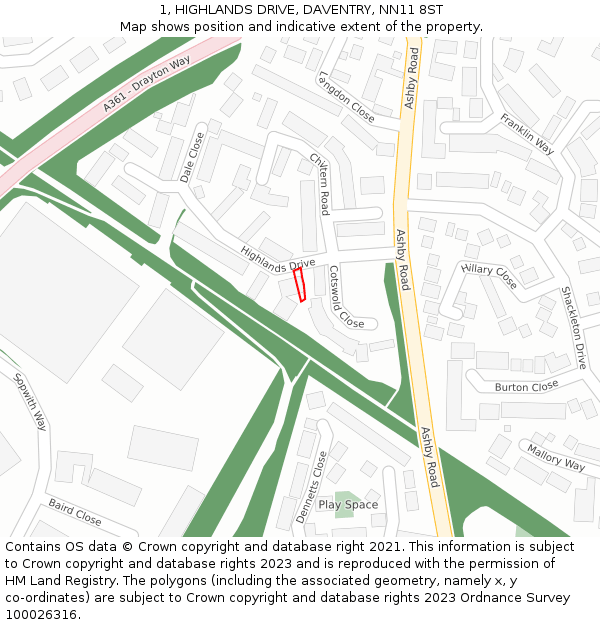 1, HIGHLANDS DRIVE, DAVENTRY, NN11 8ST: Location map and indicative extent of plot