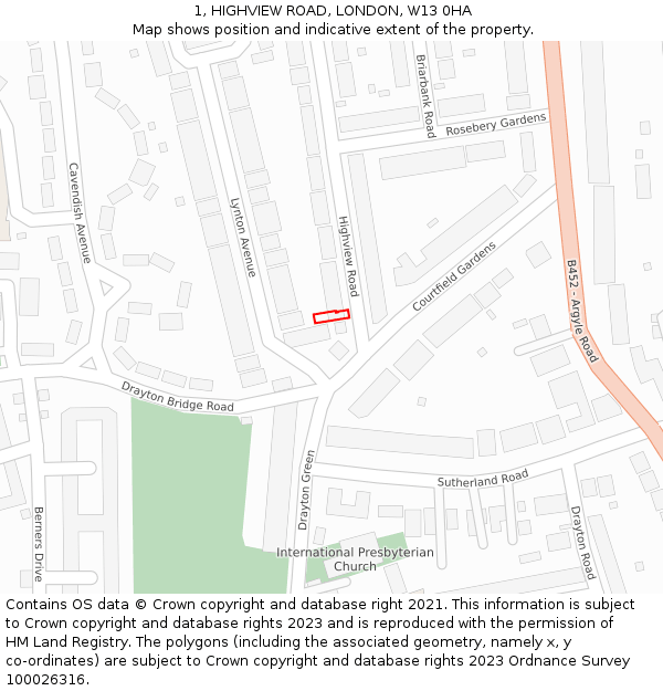 1, HIGHVIEW ROAD, LONDON, W13 0HA: Location map and indicative extent of plot