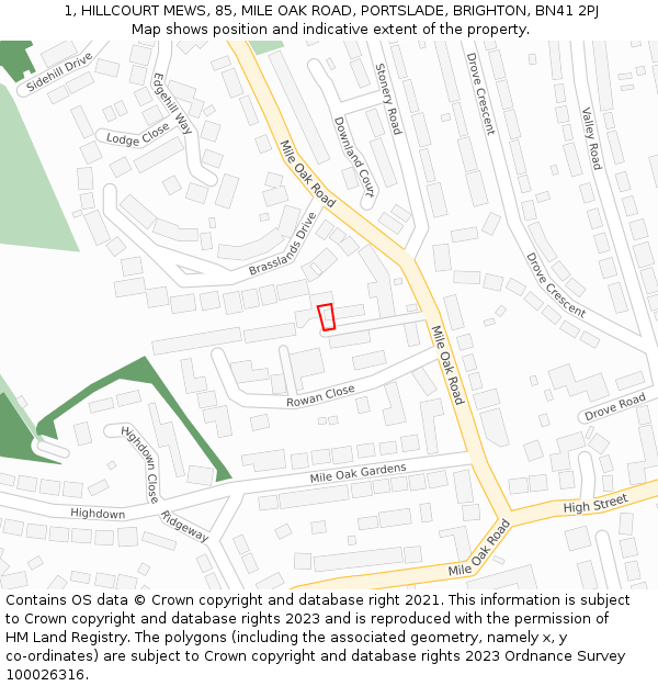 1, HILLCOURT MEWS, 85, MILE OAK ROAD, PORTSLADE, BRIGHTON, BN41 2PJ: Location map and indicative extent of plot