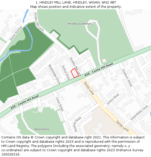 1, HINDLEY MILL LANE, HINDLEY, WIGAN, WN2 4BT: Location map and indicative extent of plot