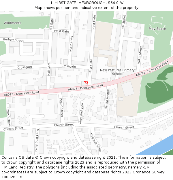 1, HIRST GATE, MEXBOROUGH, S64 0LW: Location map and indicative extent of plot