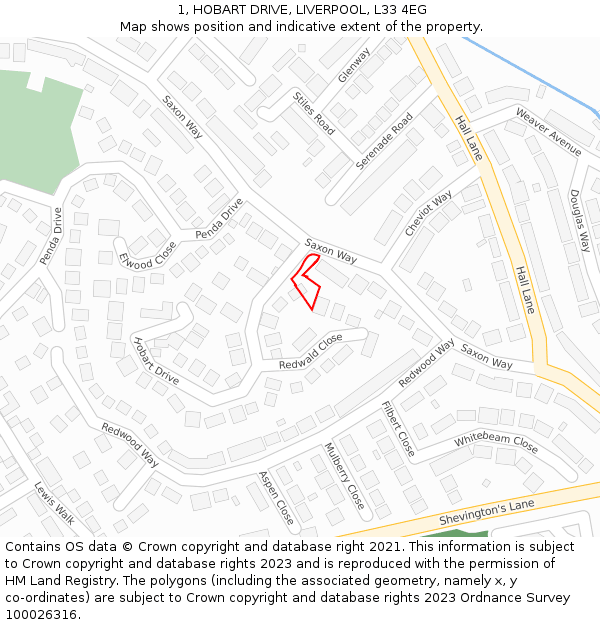 1, HOBART DRIVE, LIVERPOOL, L33 4EG: Location map and indicative extent of plot
