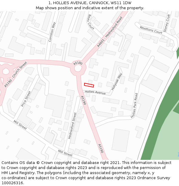 1, HOLLIES AVENUE, CANNOCK, WS11 1DW: Location map and indicative extent of plot