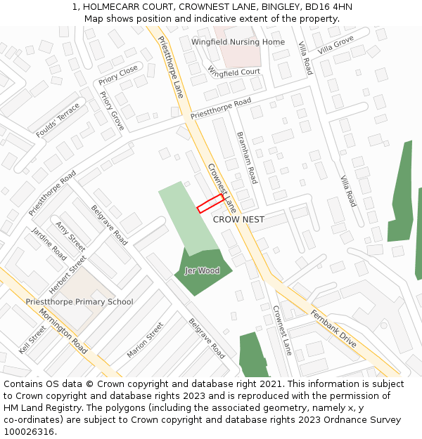 1, HOLMECARR COURT, CROWNEST LANE, BINGLEY, BD16 4HN: Location map and indicative extent of plot