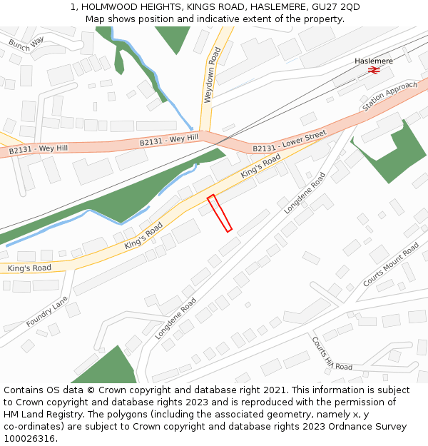 1, HOLMWOOD HEIGHTS, KINGS ROAD, HASLEMERE, GU27 2QD: Location map and indicative extent of plot