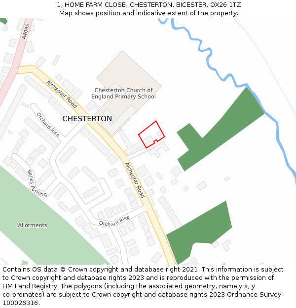 1, HOME FARM CLOSE, CHESTERTON, BICESTER, OX26 1TZ: Location map and indicative extent of plot