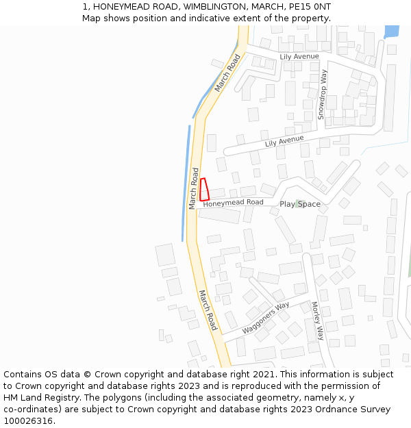 1, HONEYMEAD ROAD, WIMBLINGTON, MARCH, PE15 0NT: Location map and indicative extent of plot