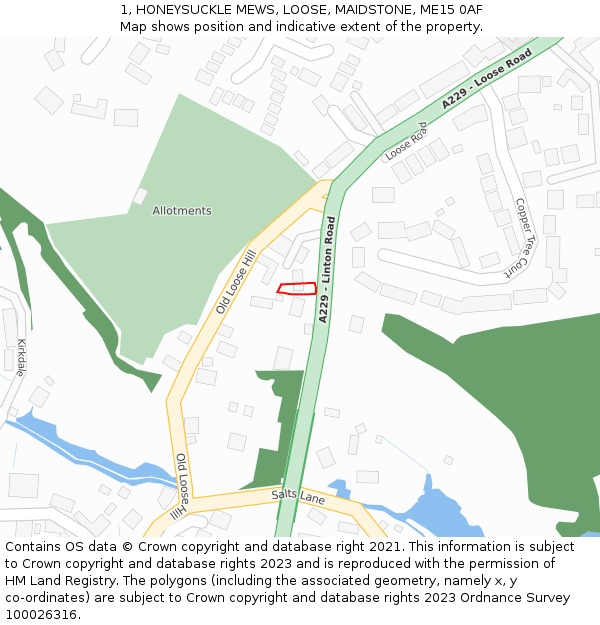 1, HONEYSUCKLE MEWS, LOOSE, MAIDSTONE, ME15 0AF: Location map and indicative extent of plot