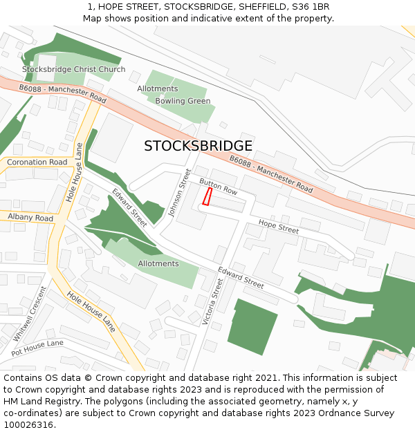 1, HOPE STREET, STOCKSBRIDGE, SHEFFIELD, S36 1BR: Location map and indicative extent of plot