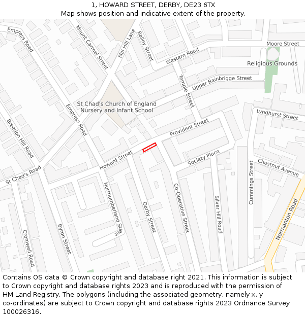 1, HOWARD STREET, DERBY, DE23 6TX: Location map and indicative extent of plot
