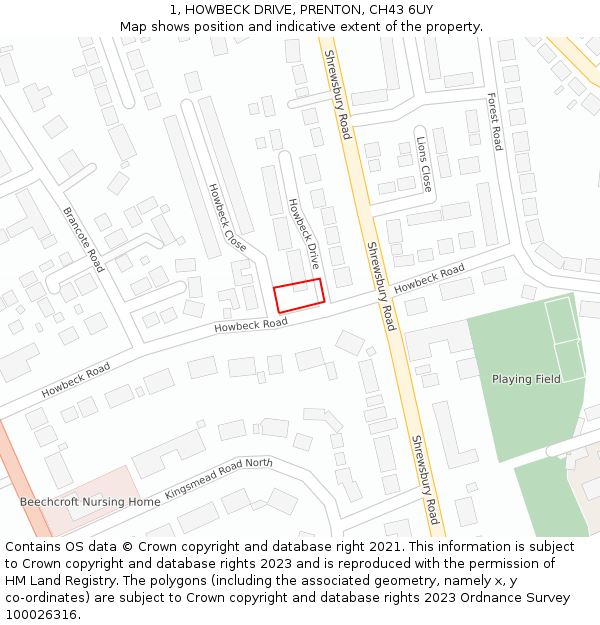 1, HOWBECK DRIVE, PRENTON, CH43 6UY: Location map and indicative extent of plot