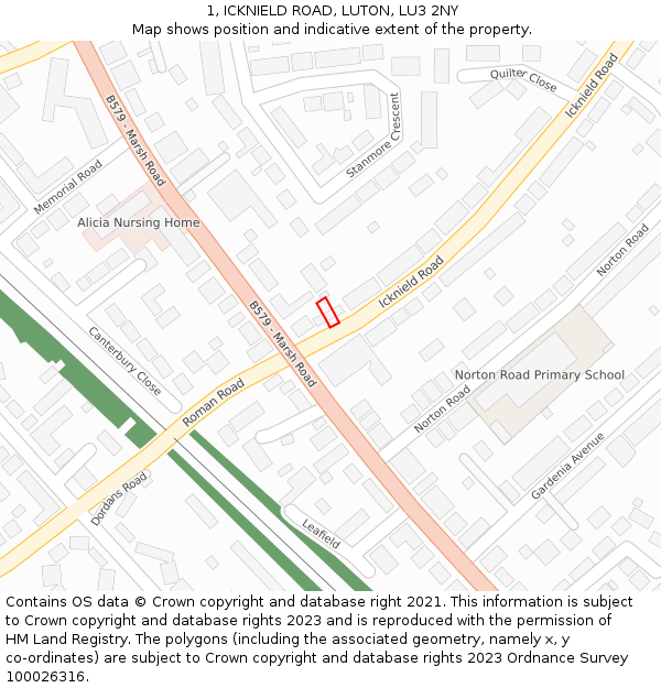 1, ICKNIELD ROAD, LUTON, LU3 2NY: Location map and indicative extent of plot