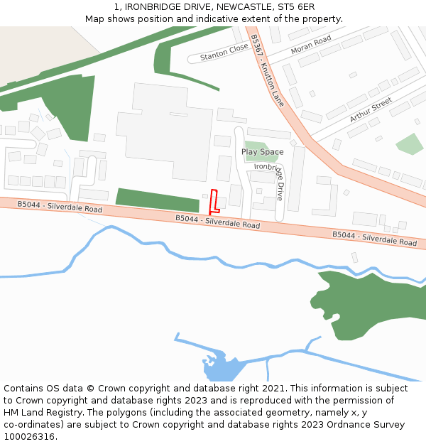 1, IRONBRIDGE DRIVE, NEWCASTLE, ST5 6ER: Location map and indicative extent of plot