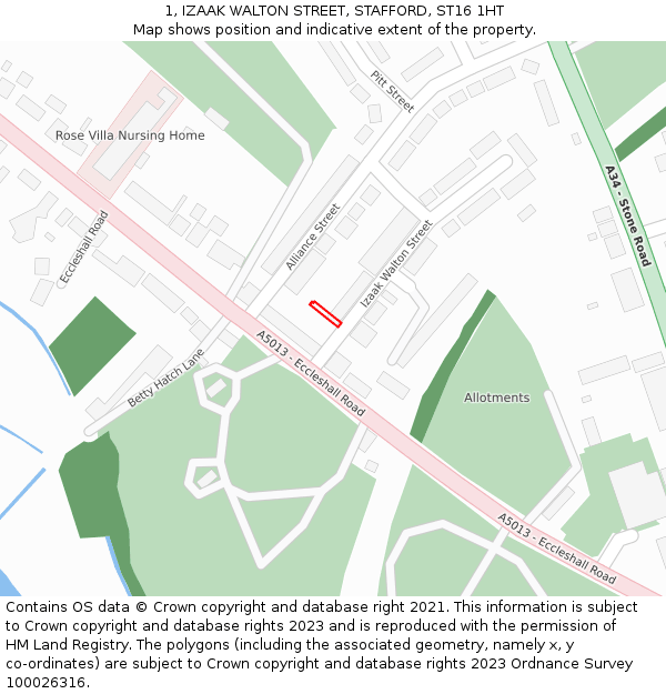 1, IZAAK WALTON STREET, STAFFORD, ST16 1HT: Location map and indicative extent of plot