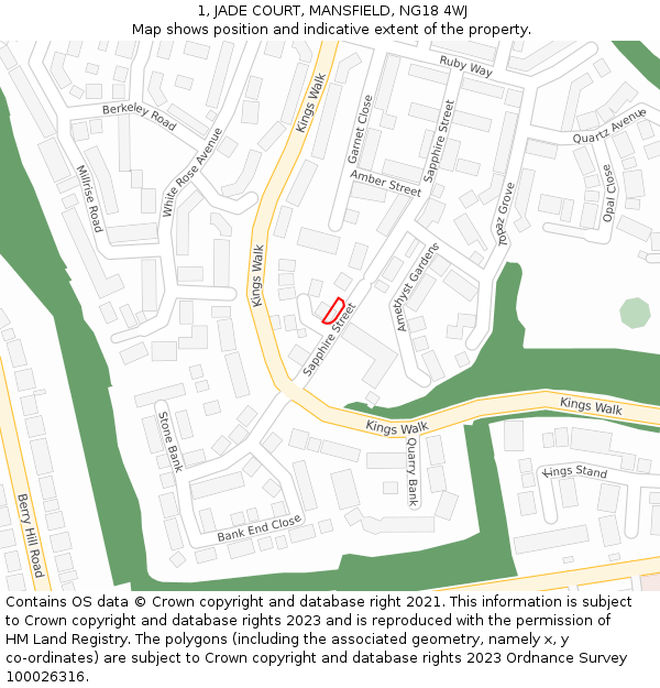 1, JADE COURT, MANSFIELD, NG18 4WJ: Location map and indicative extent of plot