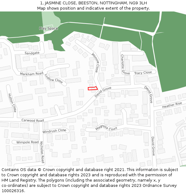 1, JASMINE CLOSE, BEESTON, NOTTINGHAM, NG9 3LH: Location map and indicative extent of plot