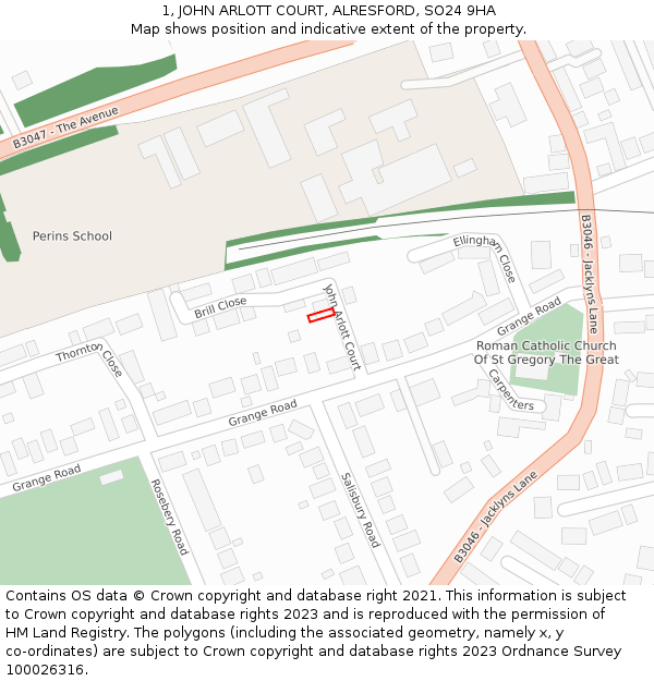 1, JOHN ARLOTT COURT, ALRESFORD, SO24 9HA: Location map and indicative extent of plot