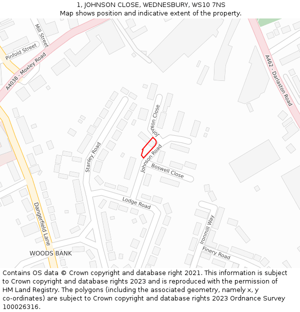 1, JOHNSON CLOSE, WEDNESBURY, WS10 7NS: Location map and indicative extent of plot